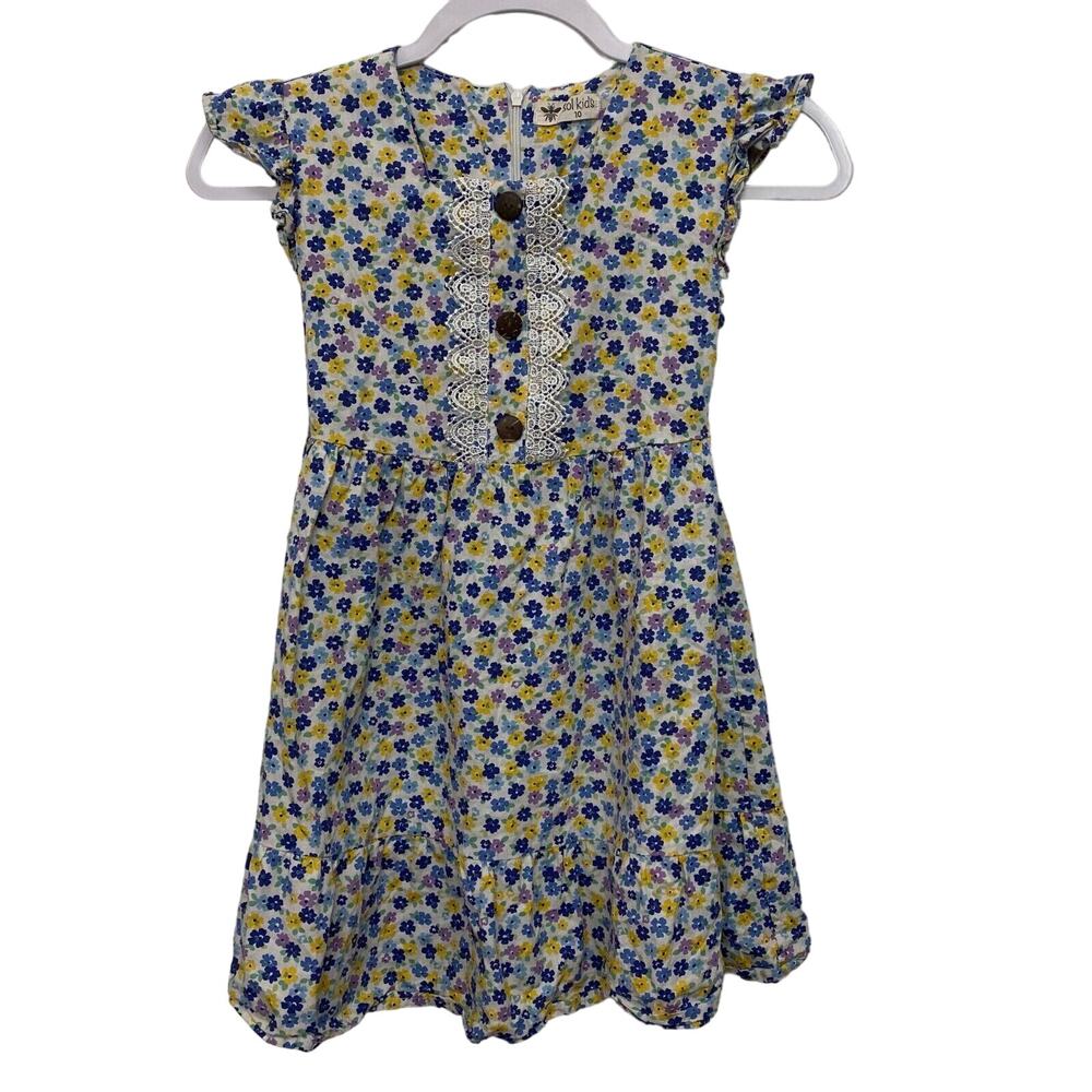 Sol Kids Floral Dress Size 10 Cap Ruffled Sleeve A-line Ditzy Summer Cottagecore